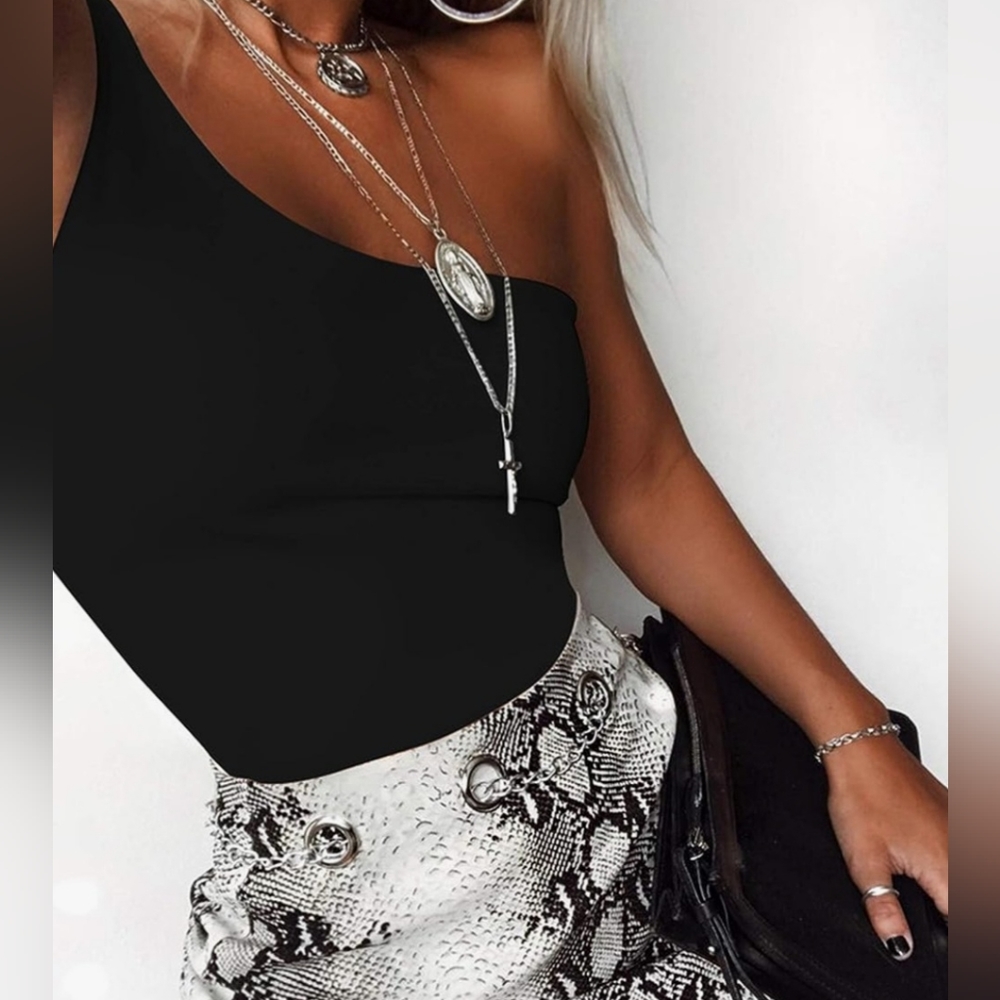 One Shoulder Sleeveless Solid One Piece Bodysuit Small